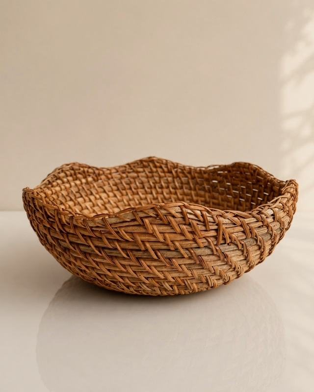 Cesta de ratán tejido de borde ondulado, con sombras suaves de luz natural.
