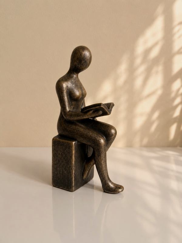 Escultura de bronce de una figura sentada leyendo un libro, con la luz de la ventana dibujando sombras en la pared.